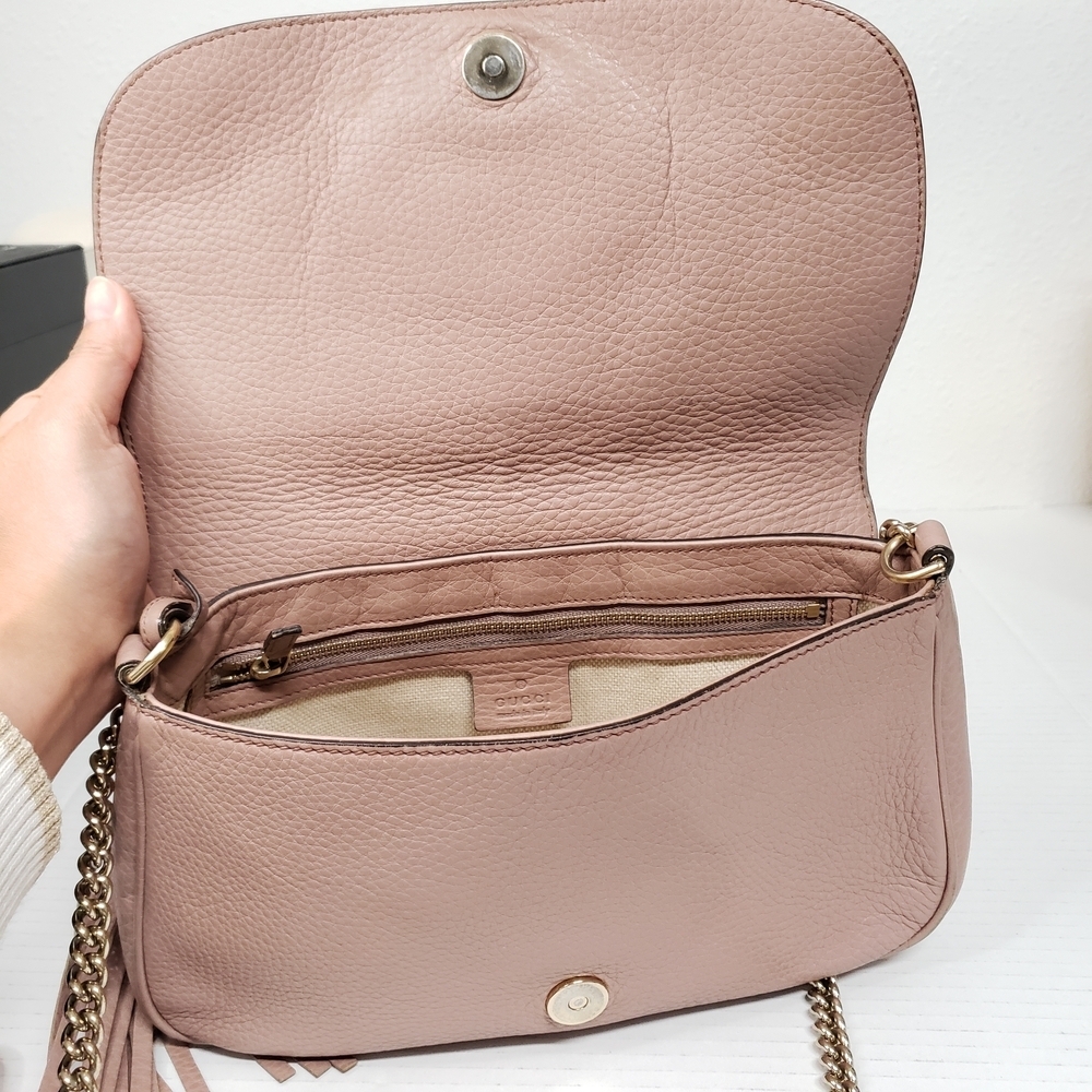 Authentic Gucci Soho Disco Pink Leather GG Tassel Chain Crossbody Bag Luxury - Picture 11 of 16